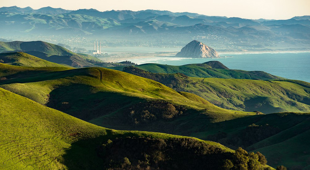 Transverse Valley rolling green hills with Morro Rock in the background