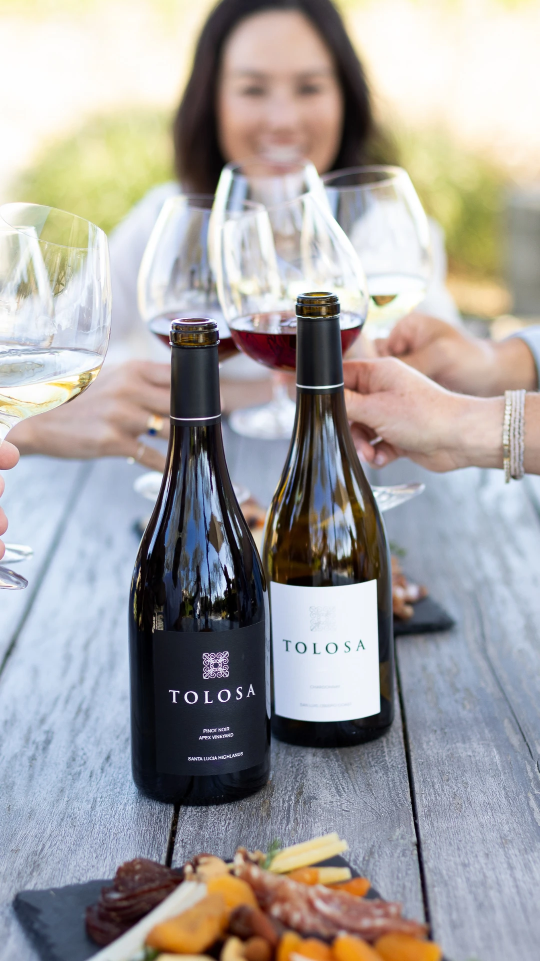 A group clinking their Tolosa wine glasses